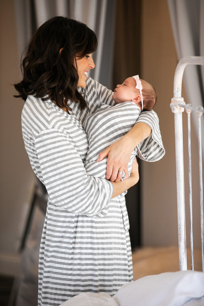 Grey & White Striped Maternity Robe and Baby Swaddle – May & Joy