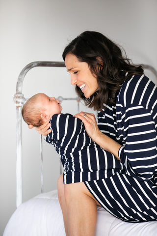 Navy & White Striped Maternity Robe and Baby Swaddle – May & Joy
