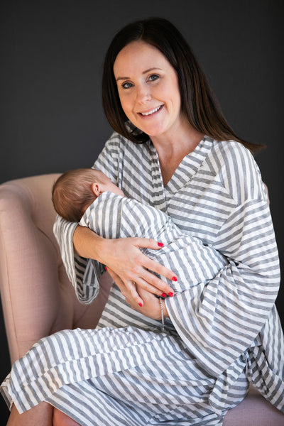 Grey & White Striped Maternity Robe and Baby Swaddle – May & Joy