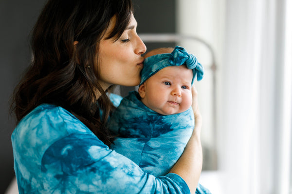 Teal Tie Dye Maternity Robe, Matching Swaddle and Matching Bow