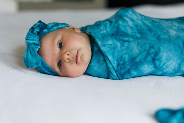 Blue Tie Dye Maternity Robe, Matching Swaddle and Matching Hat – May & Joy